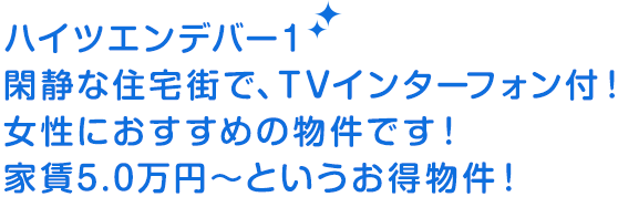 ハイツエンデバー１閑静な住宅街で、TVインターフォン付！女性におすすめの物件です！家賃5.0万円～というお得物件！